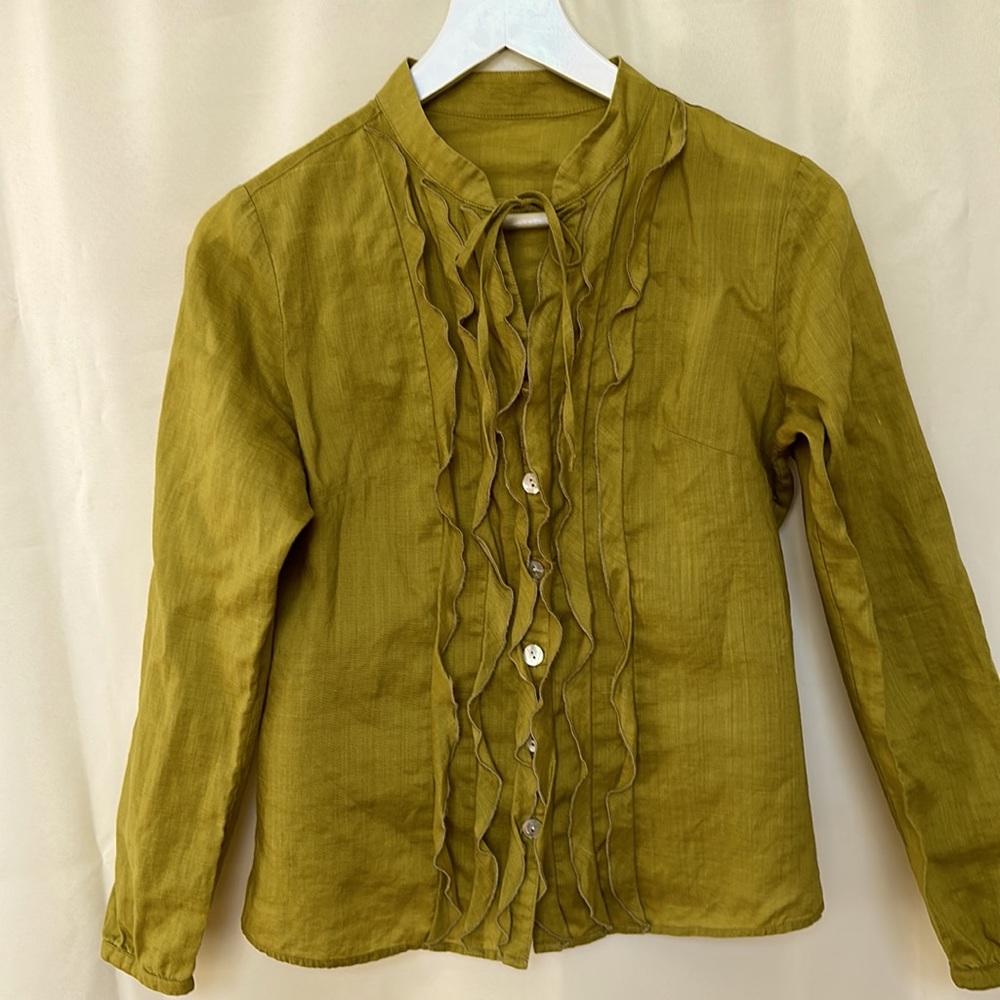 Women Yellow Elegant Button Top Long Sleeve Linen Shirt